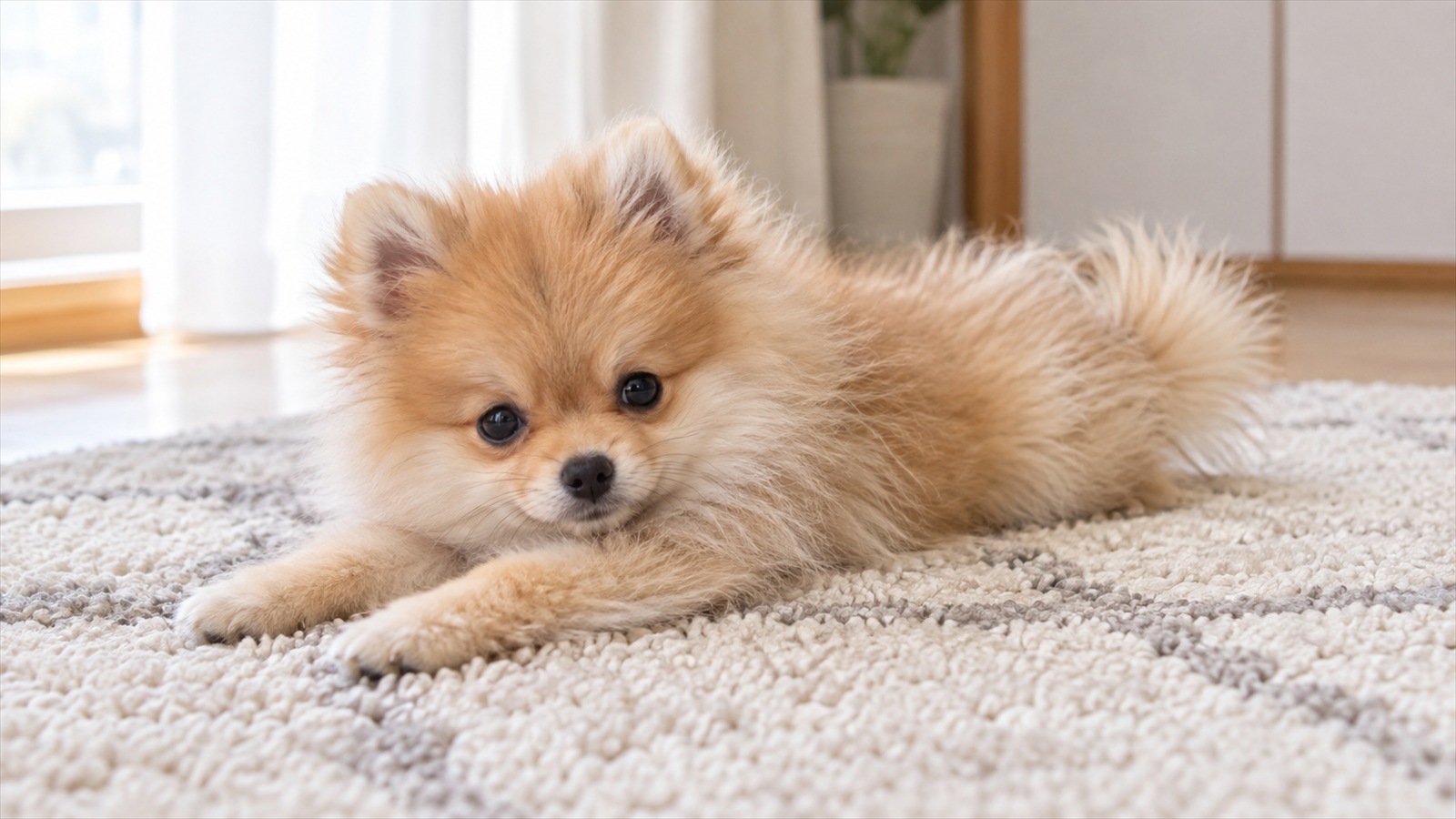 室内のラグの上で、体を伸ばしてくつろいでいるポメラニアンの子犬の写真。人は写っていない