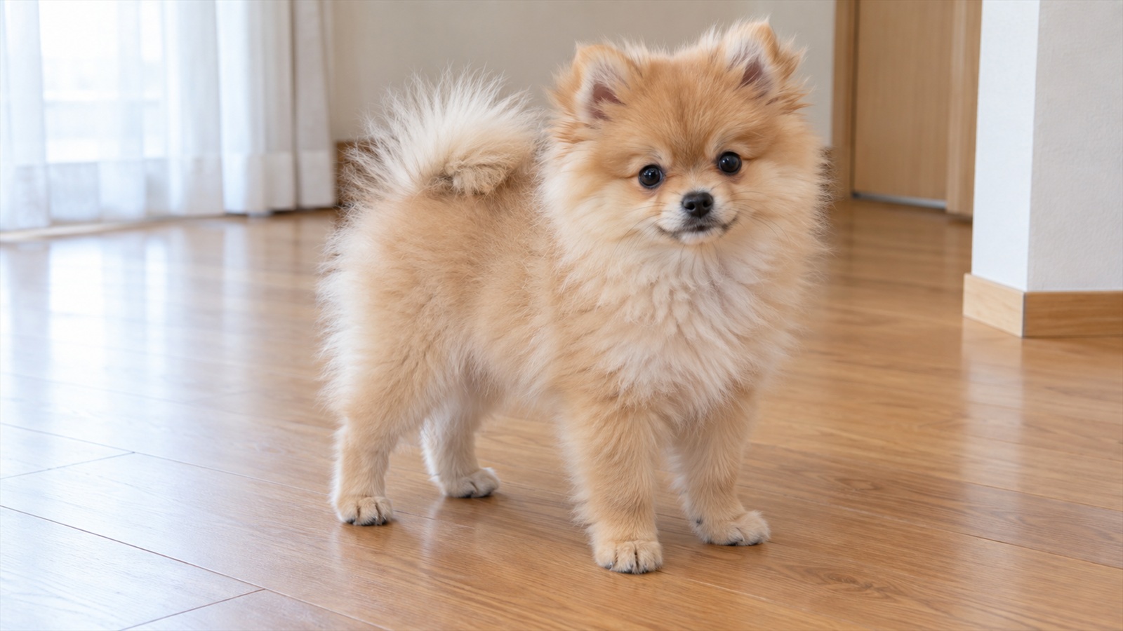 室内のフローリングに立っている、生後3か月半ほどのポメラニアンの子犬の写真。人は写っていない