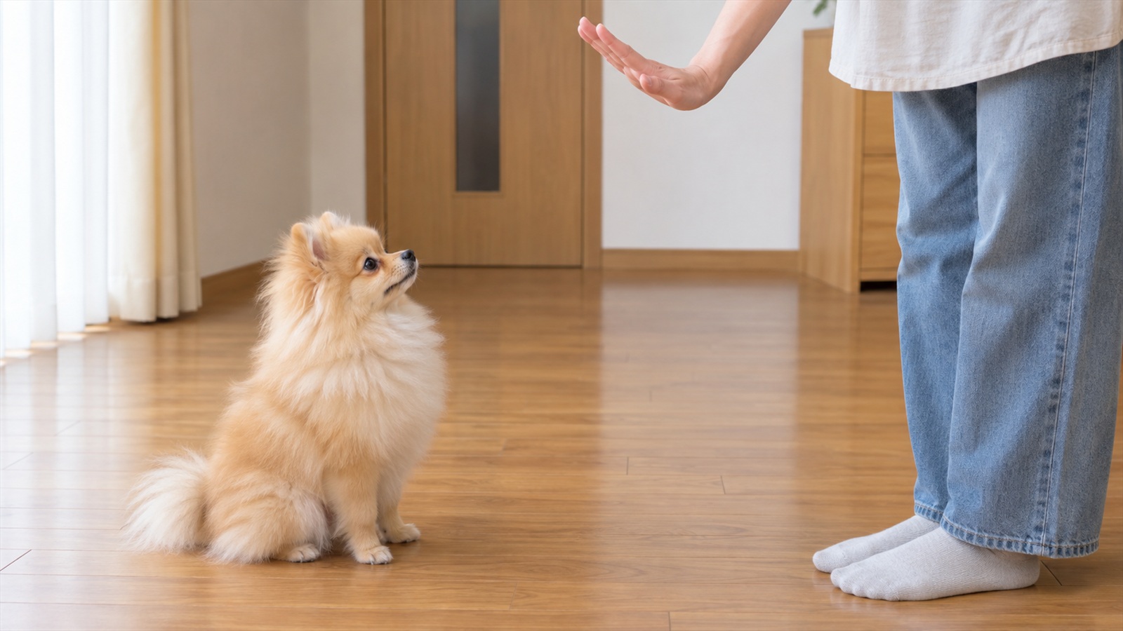室内のフローリングで、少し離れた場所に立つ人の手のひらの合図を見ながら、おすわりの姿勢で動かずに待っているポメラニアンの子犬の写真。人の顔は写っていない