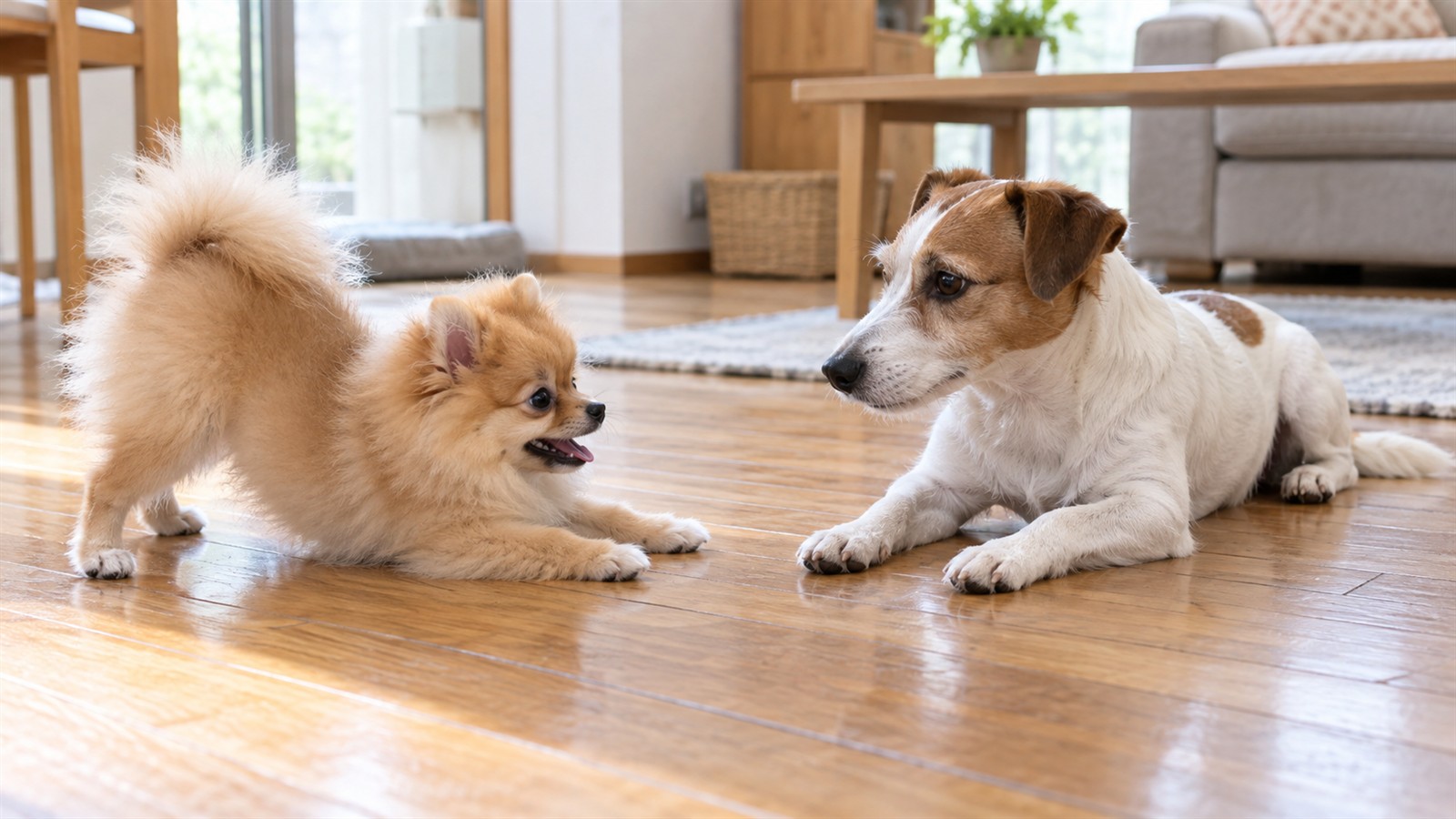 室内のフローリングで、伏せている成犬のジャックラッセルテリアに向かって、ポメラニアンの子犬が前足を低くしたお辞儀の姿勢で遊びに誘っている写真。人は写っていない