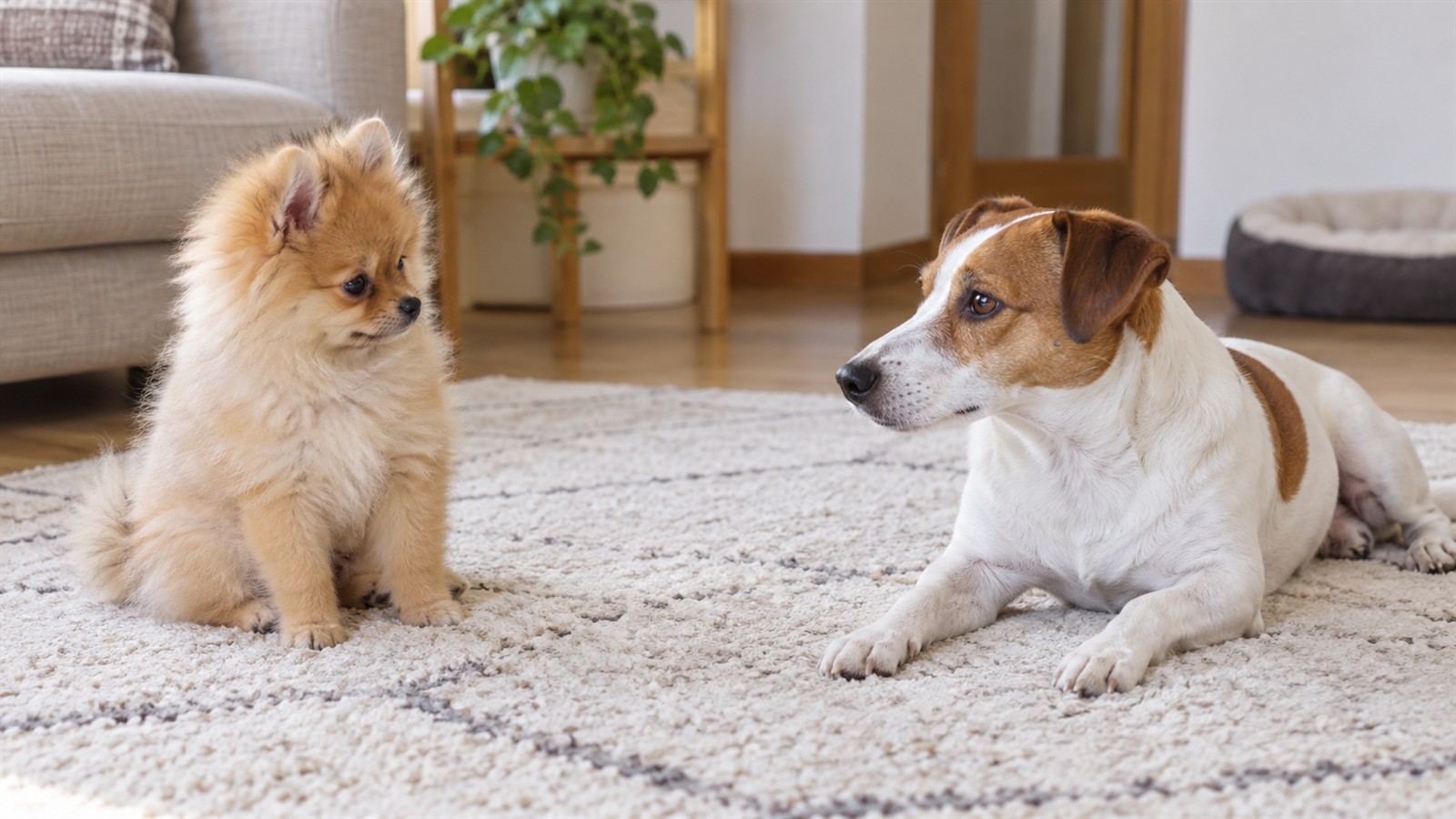 室内のラグの上で、ポメラニアンの子犬が少し離れた場所に座り、伏せている成犬のジャックラッセルテリアのほうを見ている写真。人は写っていない