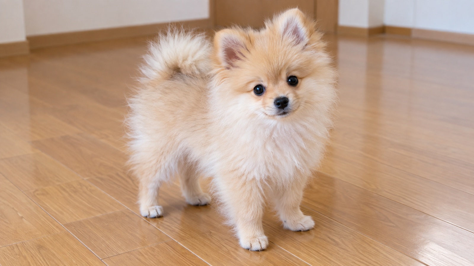 室内のフローリングに立っている、生後4か月ほどのポメラニアンの子犬の写真。人は写っていない