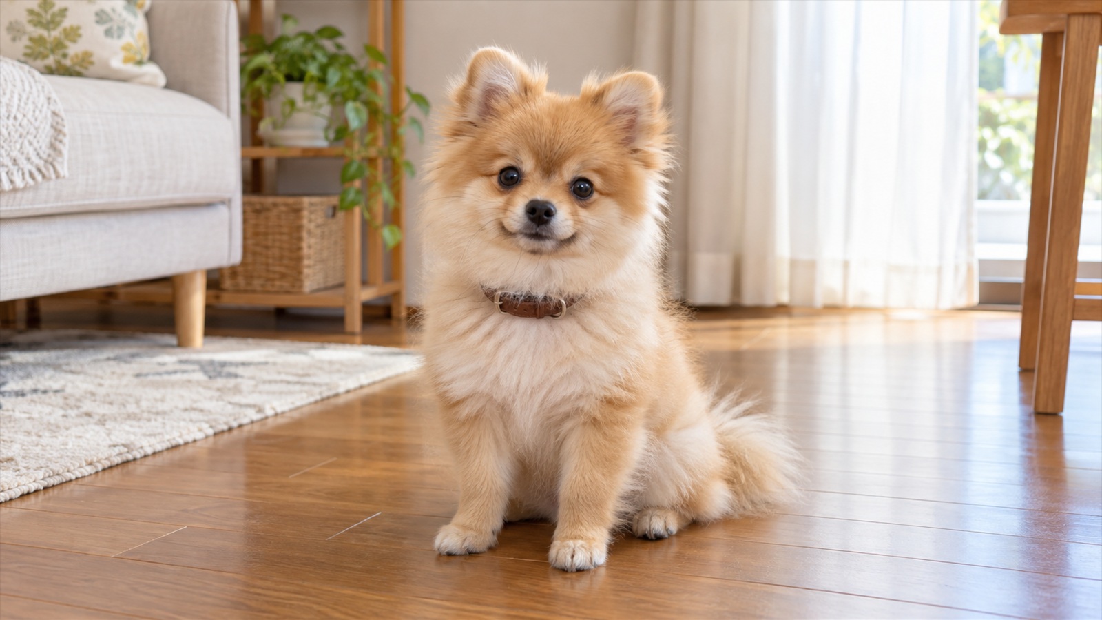室内のフローリングで、首輪を着けて座り、こちらを見ているポメラニアンの子犬の写真。人は写っていない