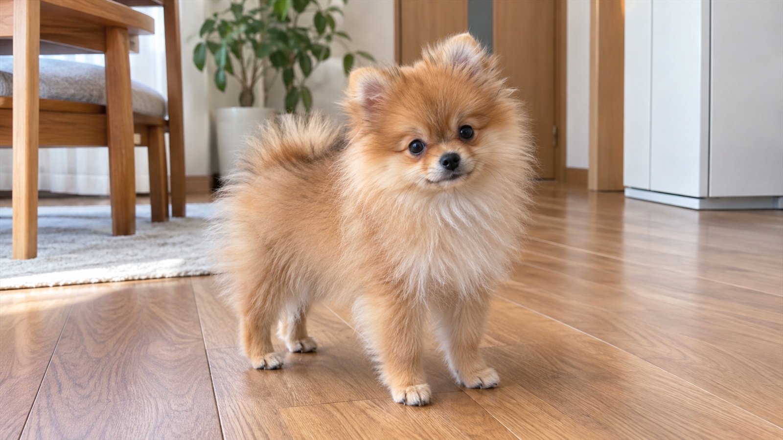 室内のフローリングに立っている、生後4か月ほどのポメラニアンの子犬の写真。人は写っていない