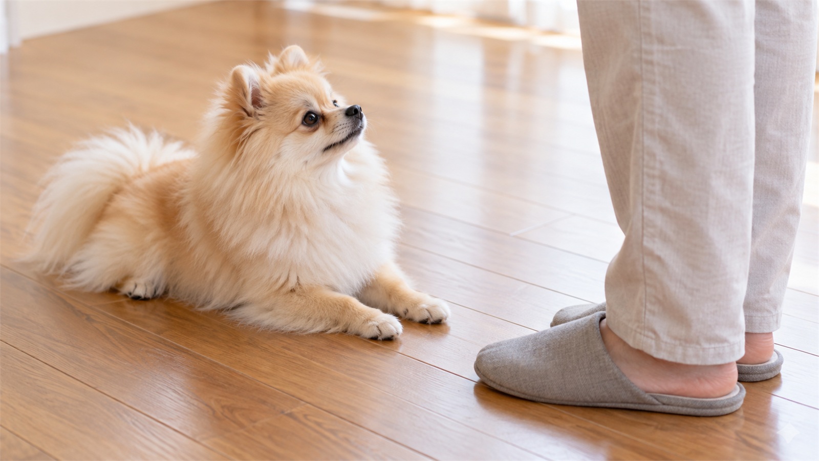 室内のフローリングで、少し離れた場所に立つ人のほうを見ながら、伏せの姿勢で待っているポメラニアンの子犬の写真。人の顔は写っていない