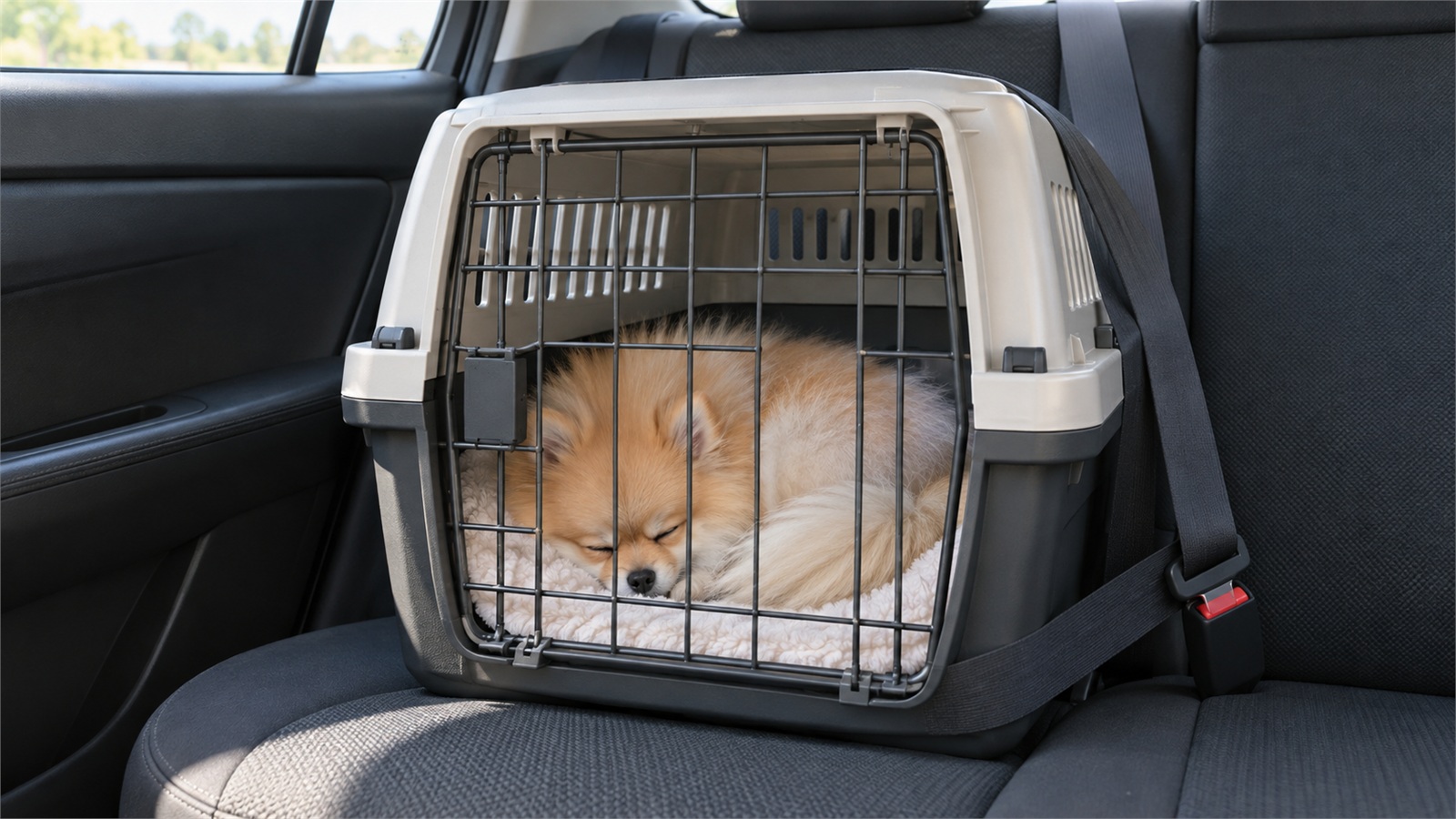 車の後部座席に固定されたクレートの中で、丸くなって眠っているポメラニアンの子犬の写真。人は写っていない