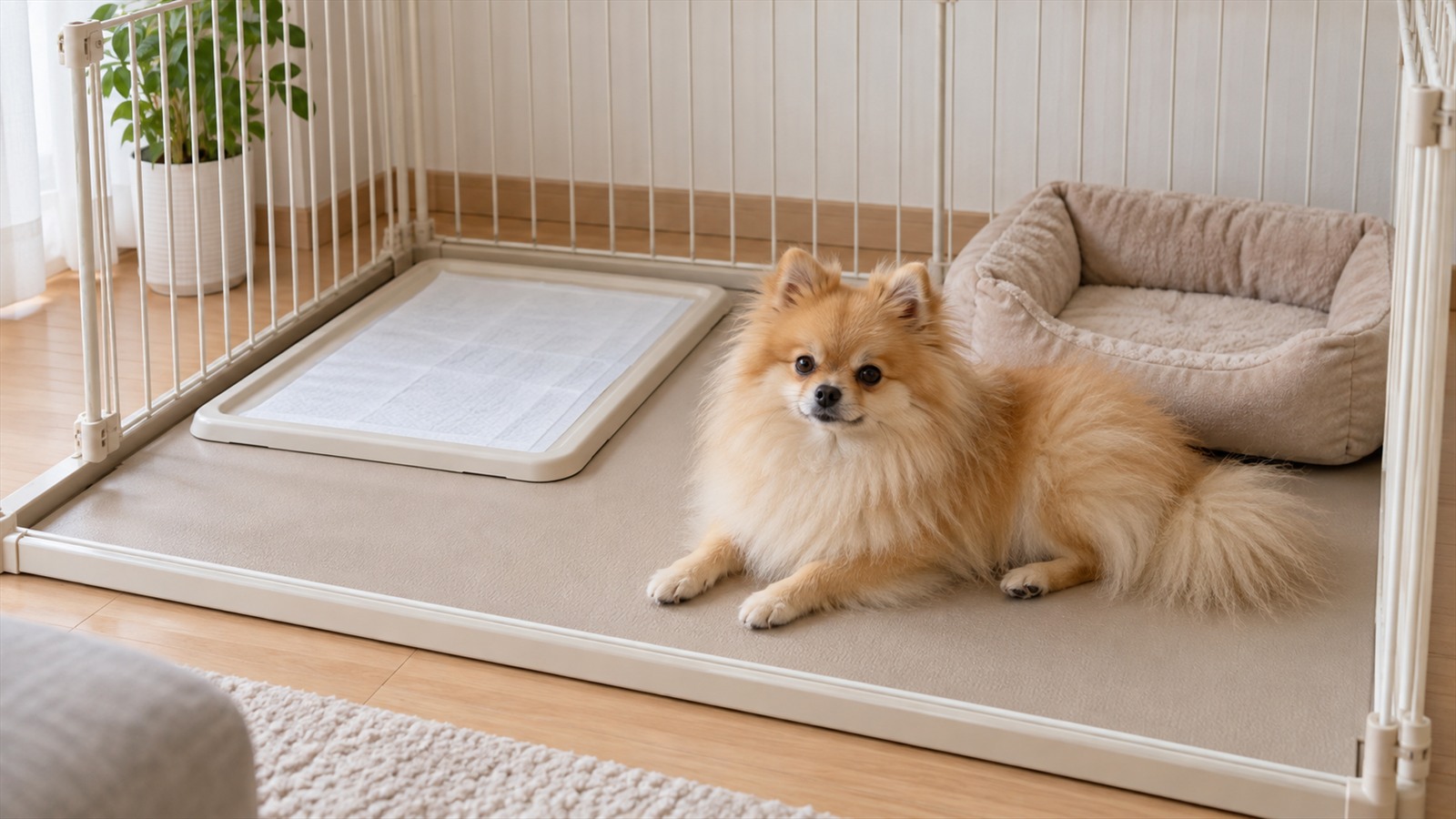室内の犬用サークルの中で、ペットシーツと寝床が置かれた場所に落ち着いて伏せているポメラニアンの写真。人は写っていない