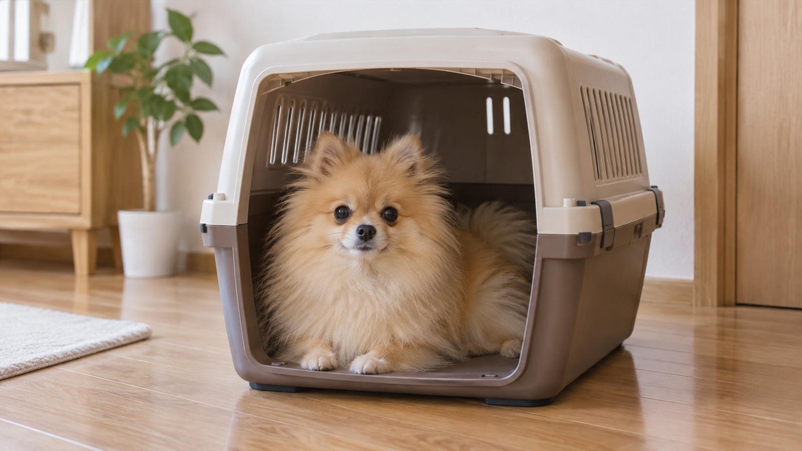 室内に置かれた、屋根と側面が囲われたプラスチック製の犬用クレートの中に自分から入って、こちらを見ているポメラニアンの写真。人は写っていない
