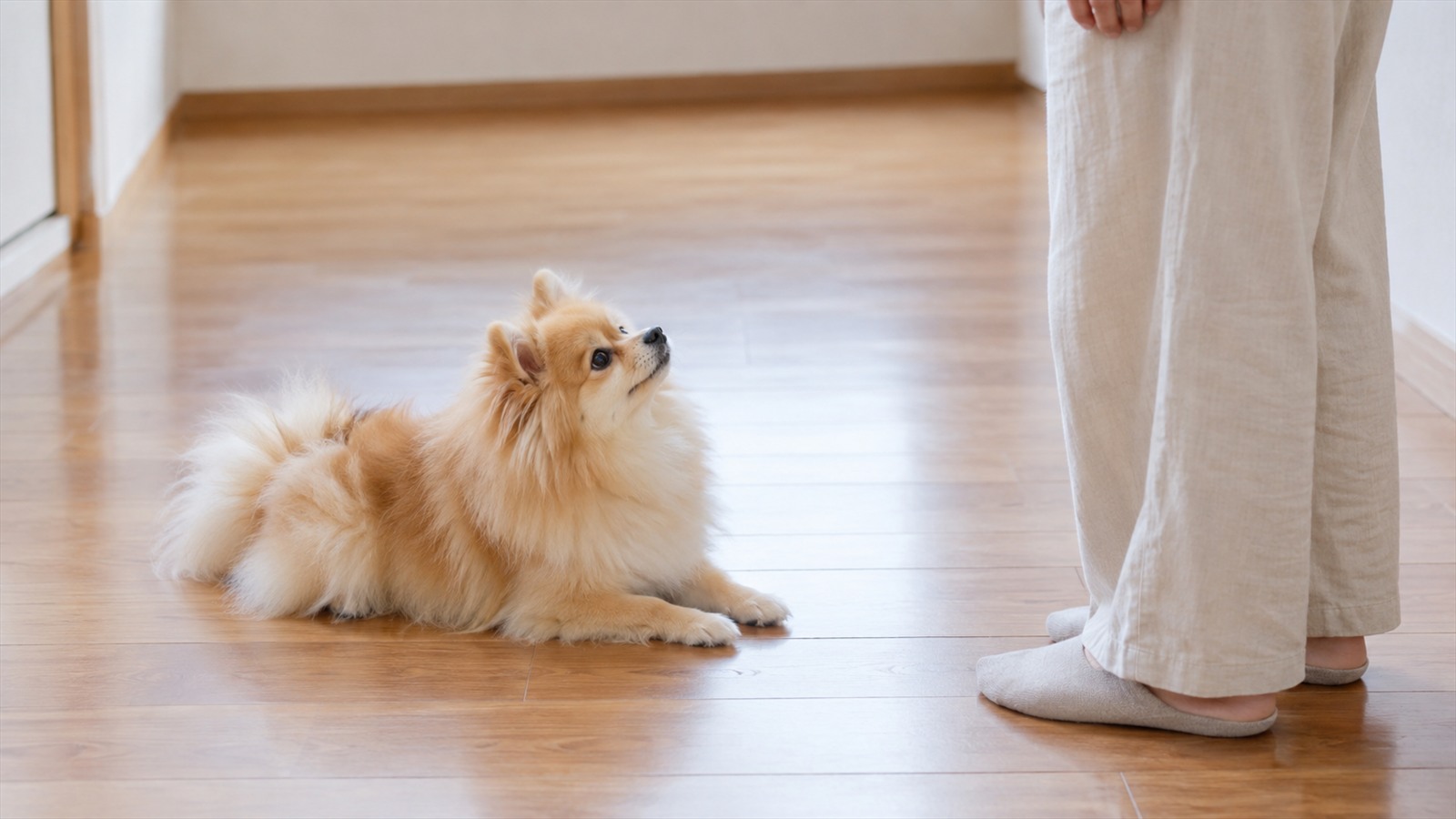 室内のフローリングで、少し離れた場所に立つ人のほうを見ながら、伏せの姿勢をとっているポメラニアンの写真。人の顔は写っていない