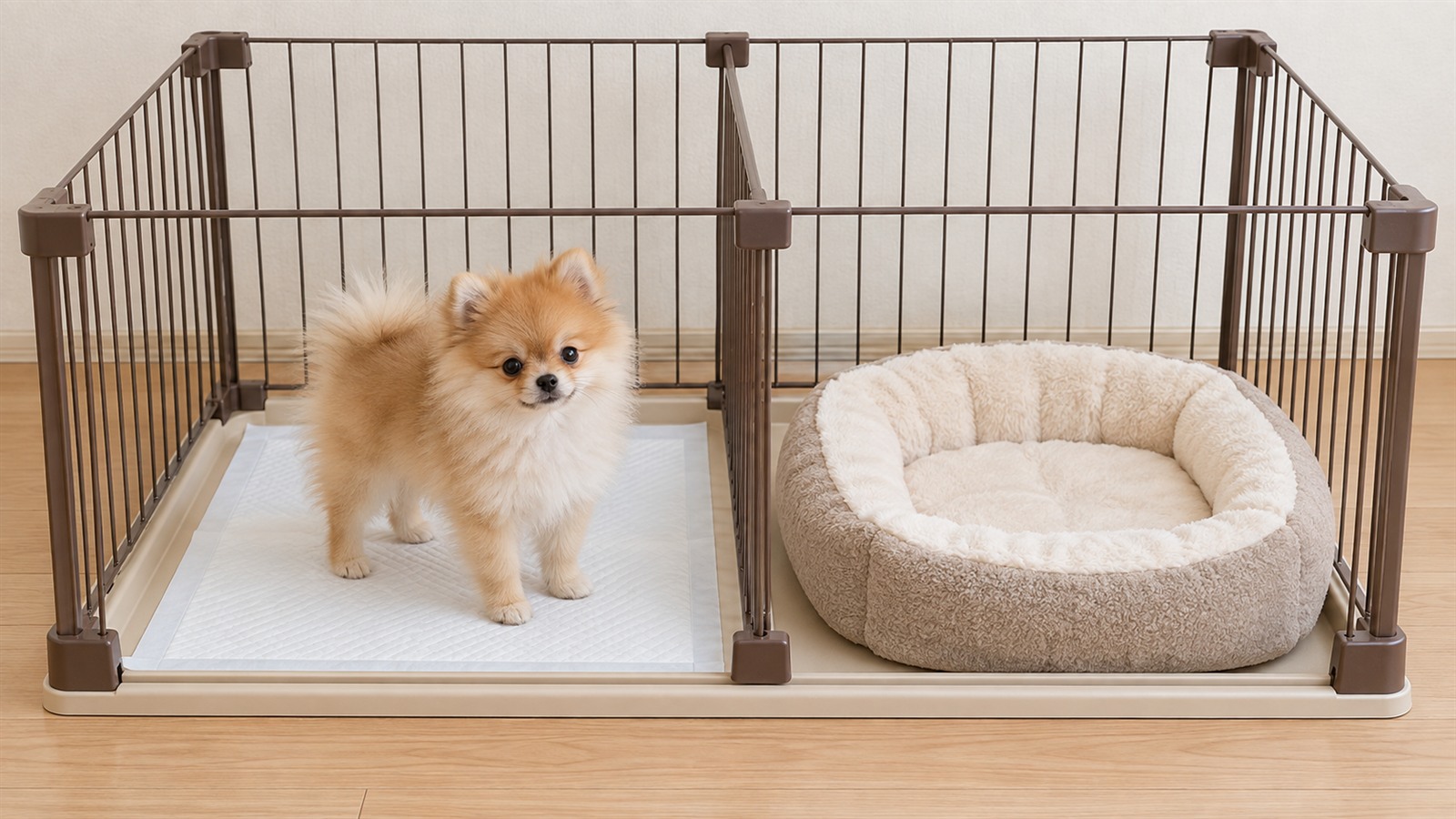 室内の犬用サークルの中で、ペットシーツと寝床が仕切り板で分けられている写真。ポメラニアンの子犬がシーツの上に立っている