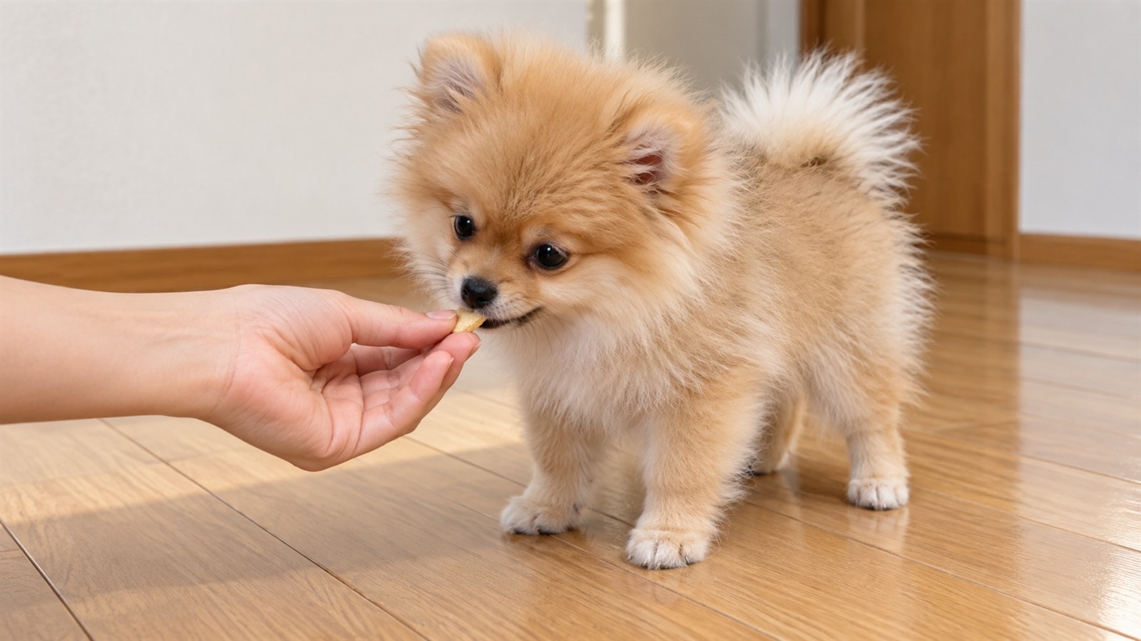 室内の床で、差し出された人の手からおやつを食べているポメラニアンの子犬の写真。人の顔は写っていない