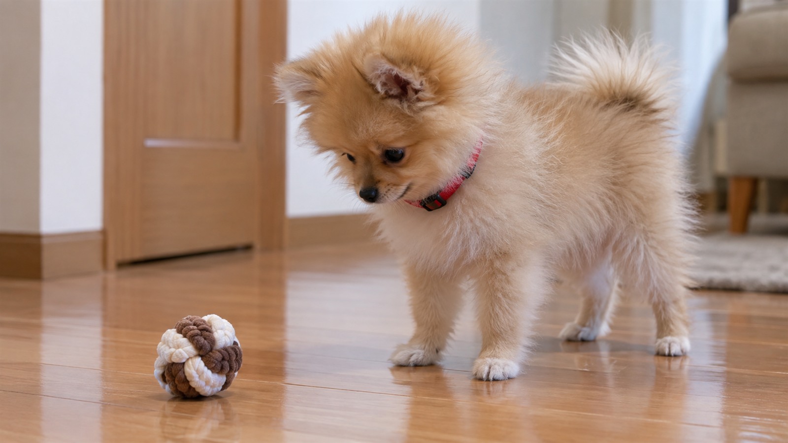 室内のフローリングで、初めて首輪を着けたポメラニアンの子犬が床のおもちゃを見ている写真。人は写っていない