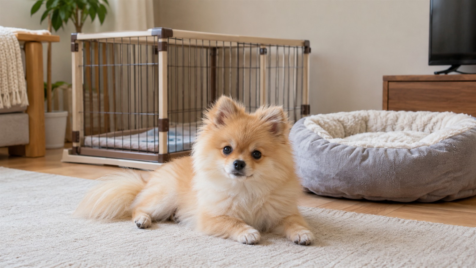 室内のリビングで、犬用のサークルとベッドが置かれ、その手前にポメラニアンの子犬が伏せている写真。人は写っていない
