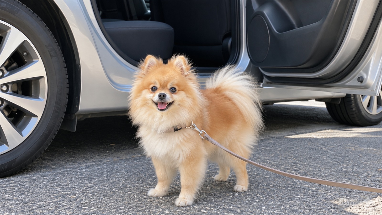 停車している車の開いた後部ドアの前で、リードを付けたポメラニアンの子犬が地面に立っている写真。人の顔は写っていない