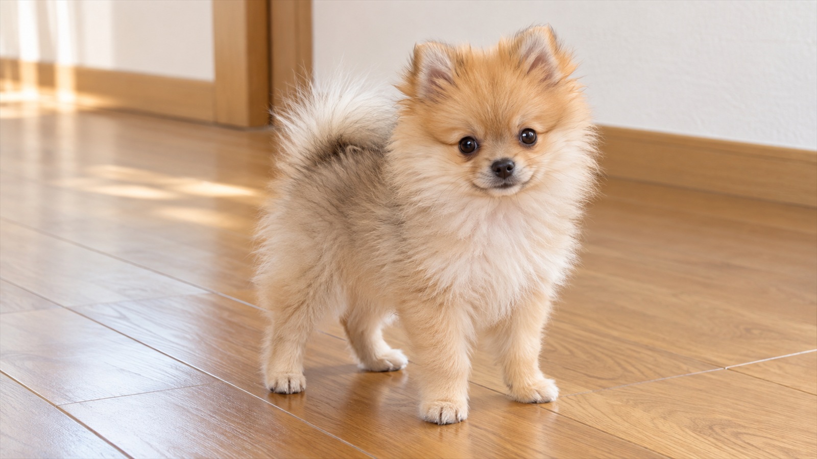 室内のフローリングに立っている、生後2か月半ほどのポメラニアンの子犬の写真。人は写っていない