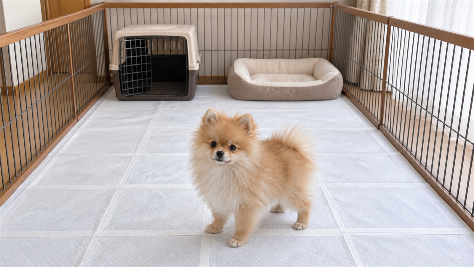 室内の広めの犬用サークルの中で、手前の床一面にペットシーツが敷かれ、いちばん奥にクレートとベッドが置かれている写真。ポメラニアンの子犬がシーツの上に立っている