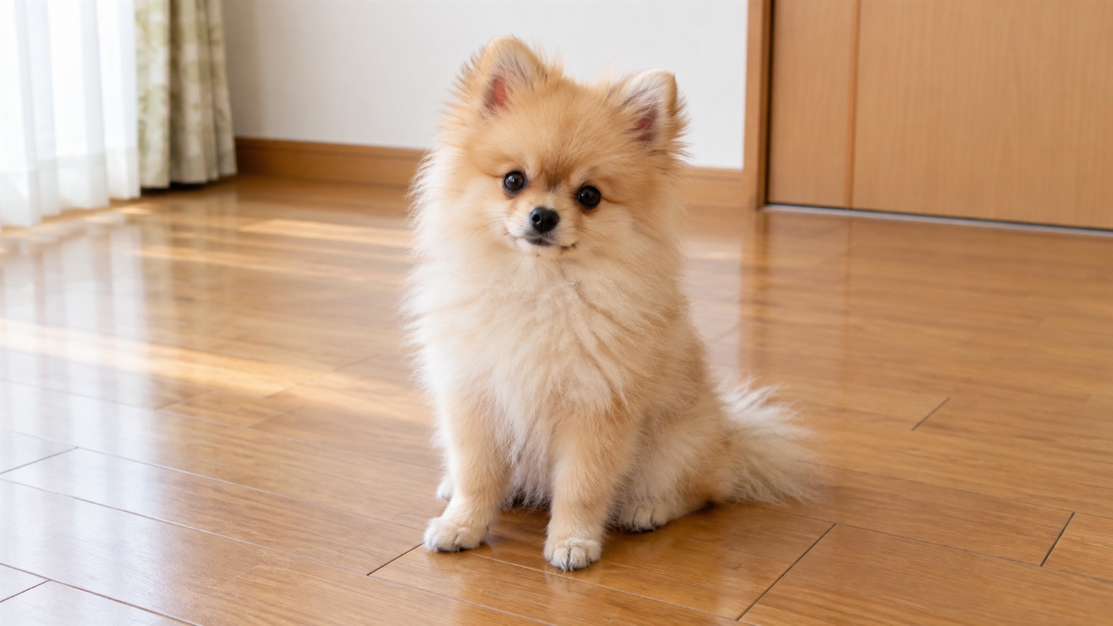 室内のフローリングで、おすわりの姿勢をとっているポメラニアンの子犬の写真。人は写っていない