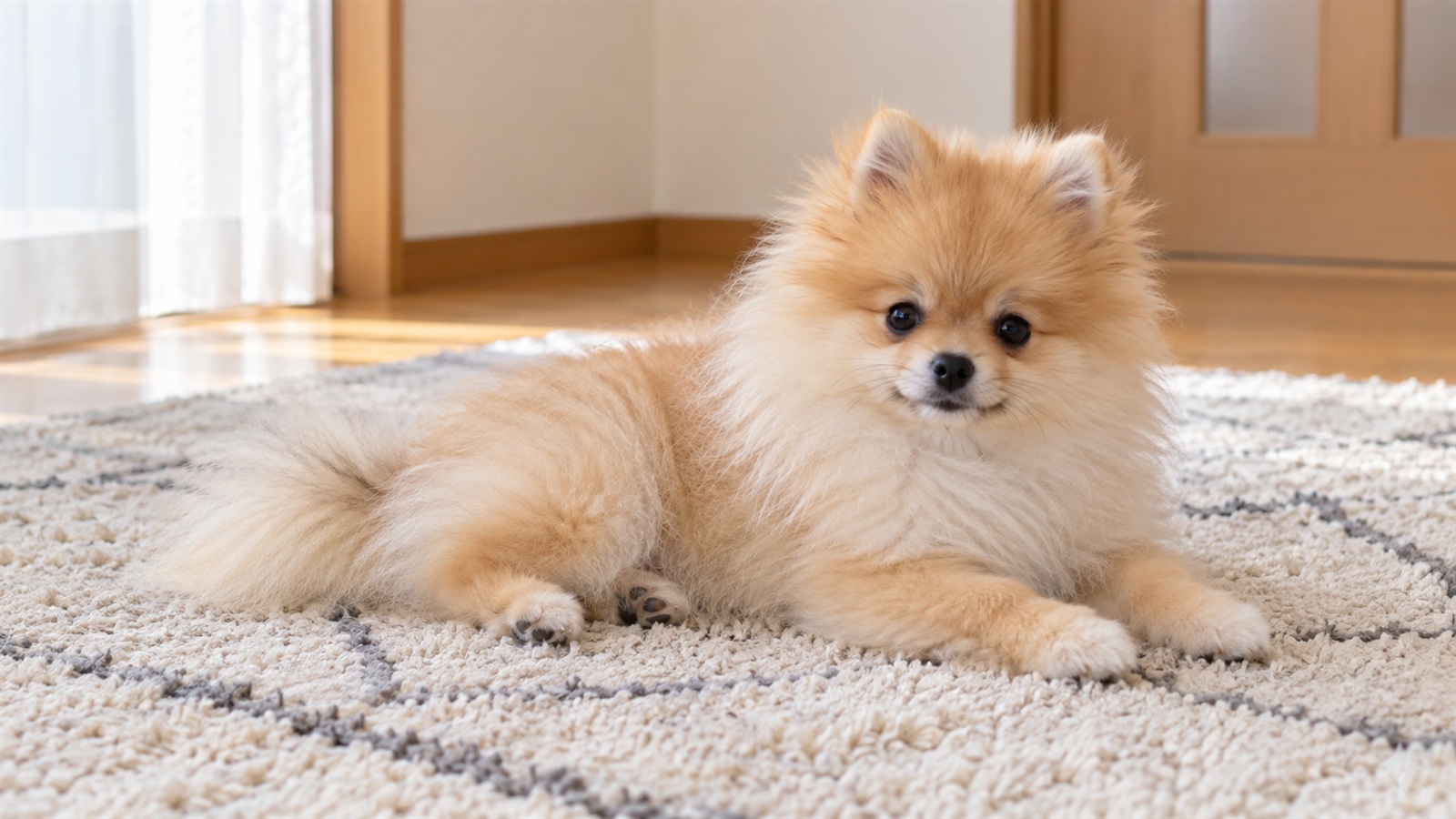 室内のラグの上で、落ち着いて伏せているポメラニアンの子犬の写真。人は写っていない
