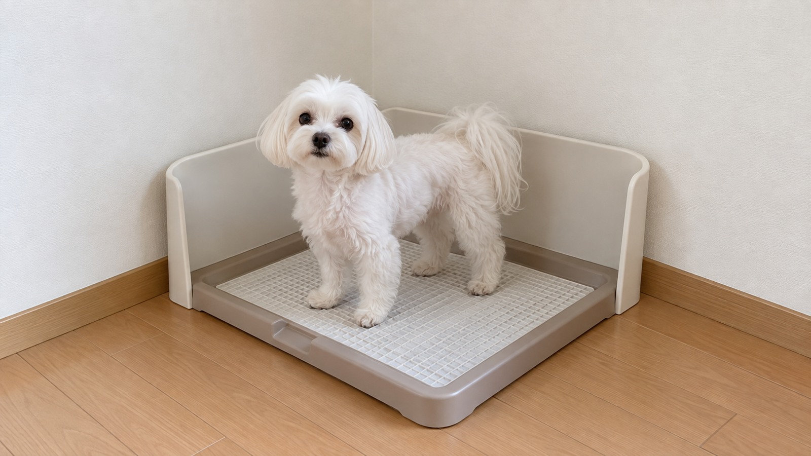 部屋の隅に置かれ、三方を低い囲いで囲われた犬用トイレの中に立っている白いマルチーズの写真