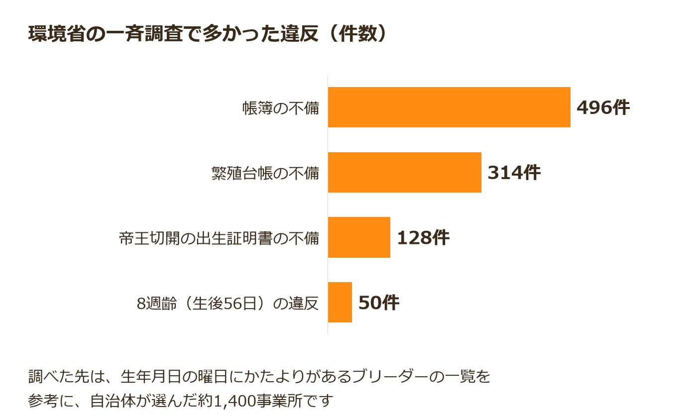 環境省の一斉調査で見つかった違反の件数を、帳簿、繁殖台帳、帝王切開の出生証明書、8週齢の順に横棒で比べたグラフ