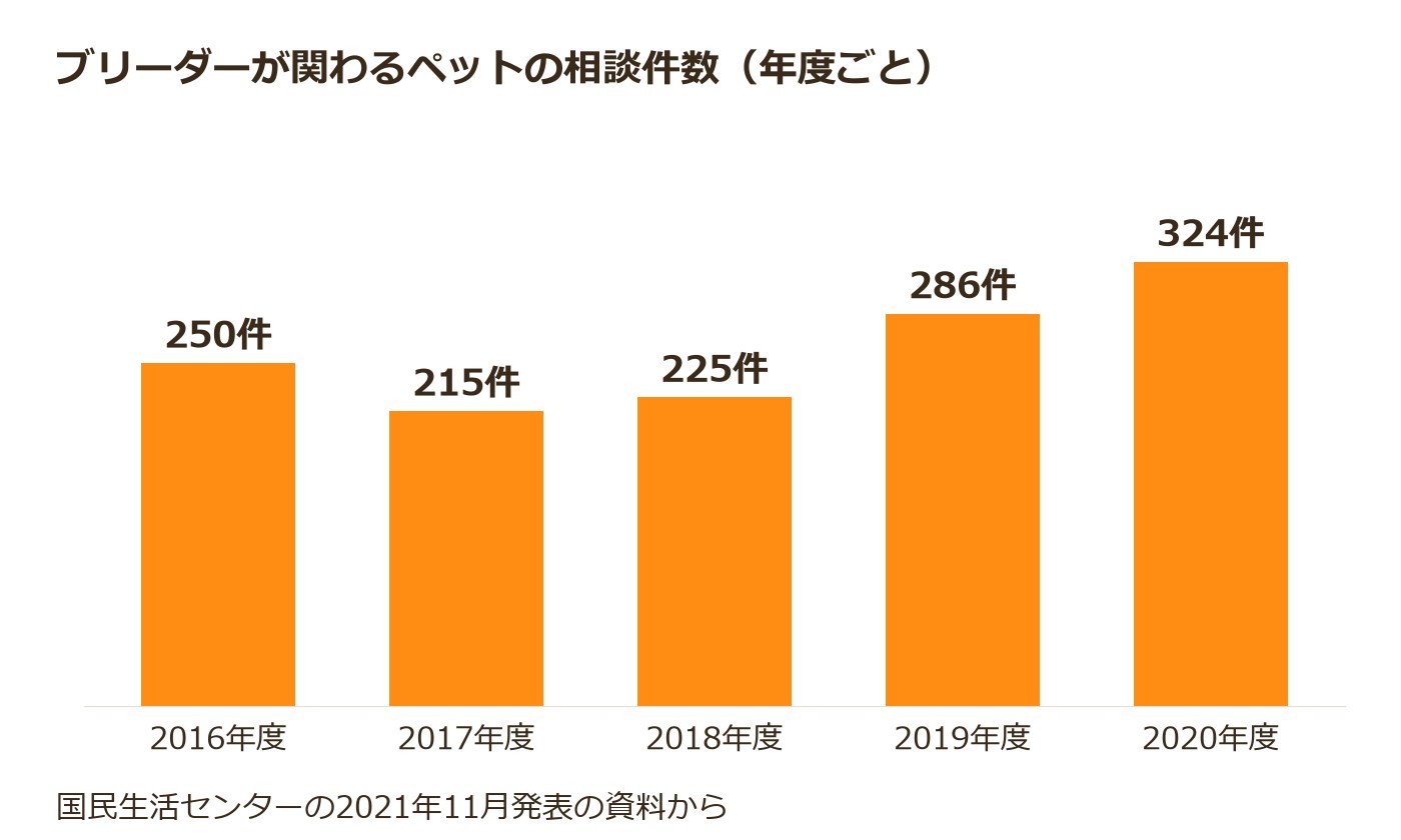 ブリーダーが関わるペットの相談件数を、2016年度の250件から2020年度の324件まで年度ごとに縦棒で示したグラフ