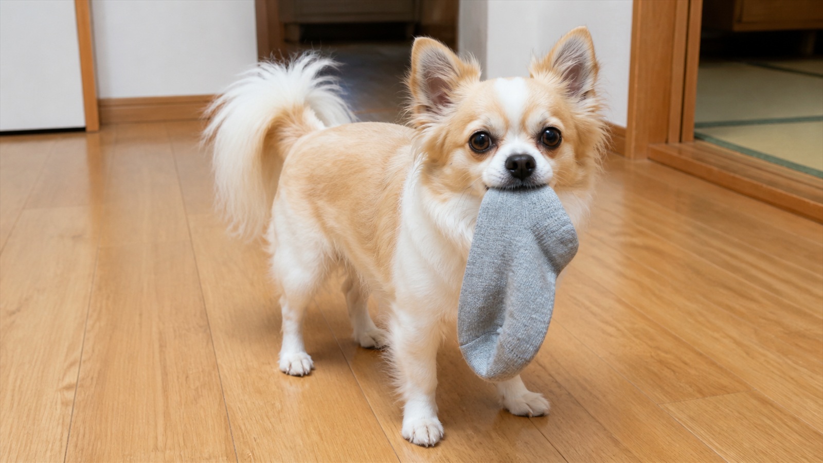 床で靴下をくわえて立っている小型犬の写真