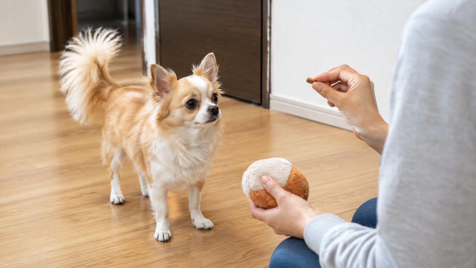 おもちゃを手に持った人と、おやつを見て口を離した小型犬の写真
