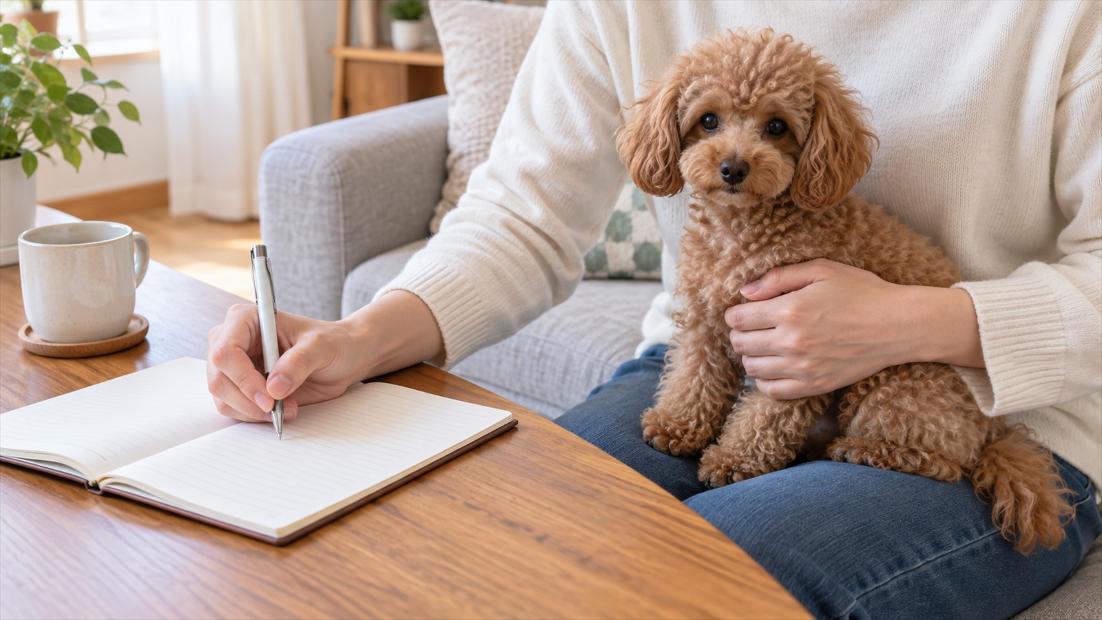 リビングのテーブルで、膝の上に乗ったトイプードルの子犬を片手で支えながら、ノートに書き込んでいる人の手元の写真