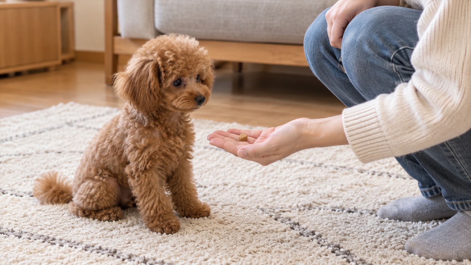リビングのラグの上で、しゃがんだ人の前におすわりしているトイプードルの子犬に、手のひらに載せた小さなおやつを渡している写真