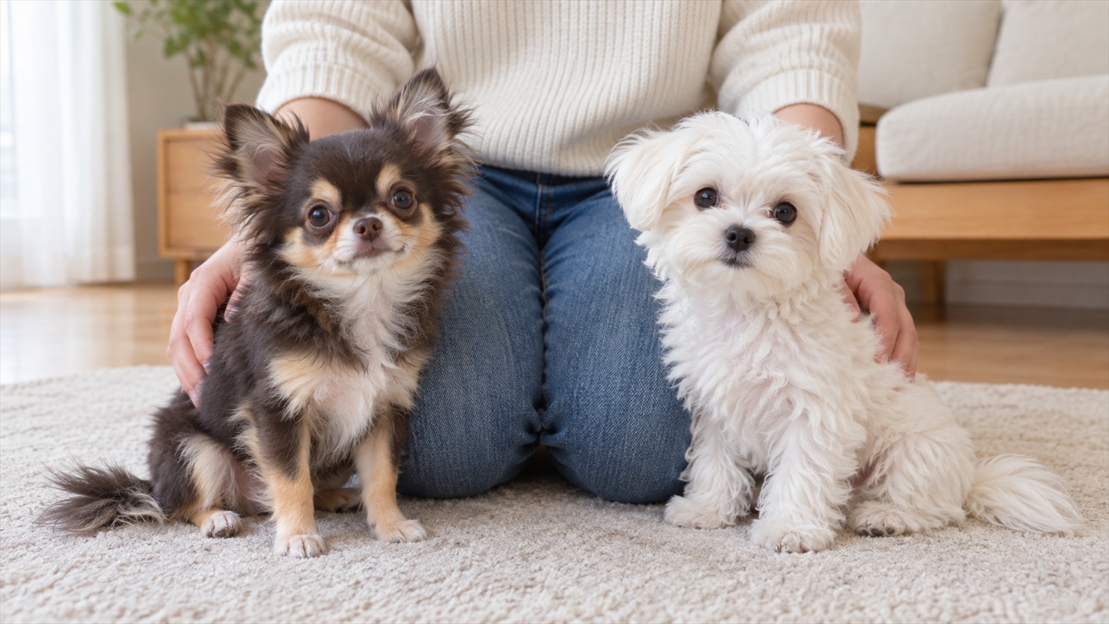 明るい室内で、床に座った人の膝のそばに、ロングコートチワワの子犬とマルチーズの子犬が並んで座っている写真