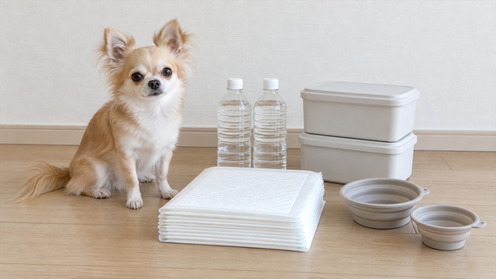 室内の床に並べられた犬用の備蓄（水のボトル、保存容器、ペットシーツ、折りたたみの食器）と、その横に座っているチワワの写真。人は写っていない