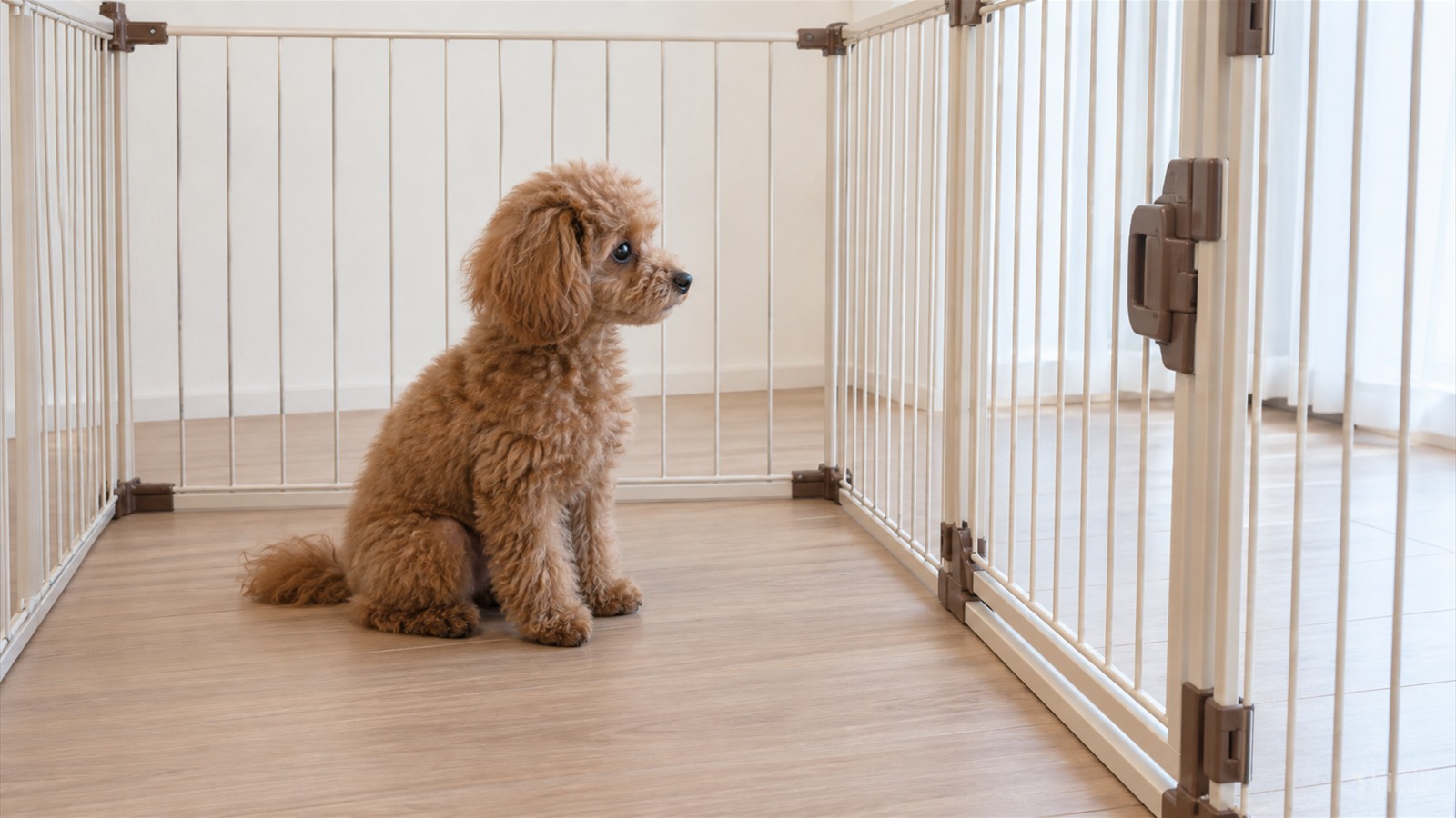 サークルの中で、閉じた扉のほうを見て静かに座っているトイプードルの子犬の写真
