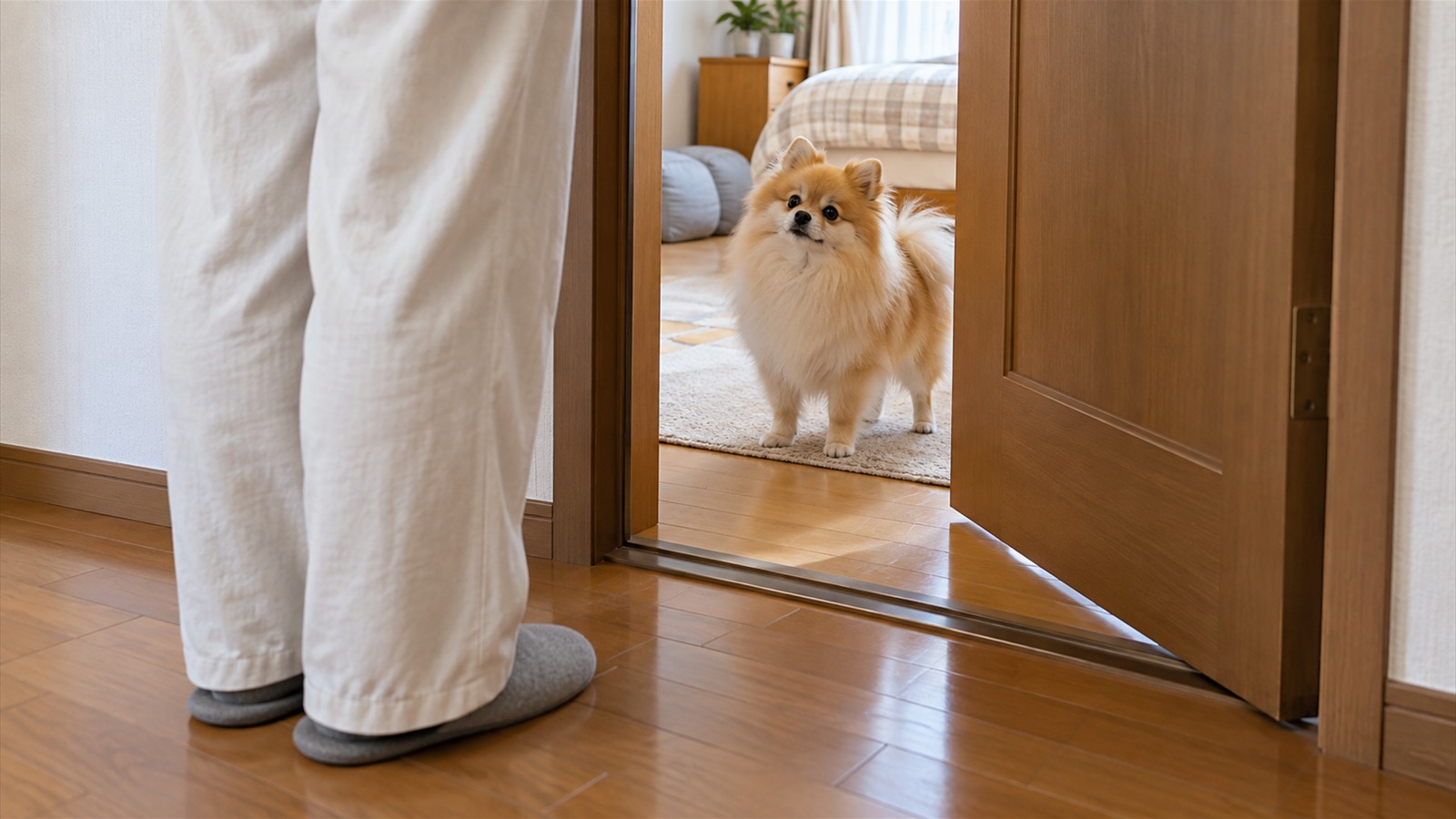 部屋のドアのすぐ外に立っている人と、ドアの内側で静かに待っているポメラニアンの写真