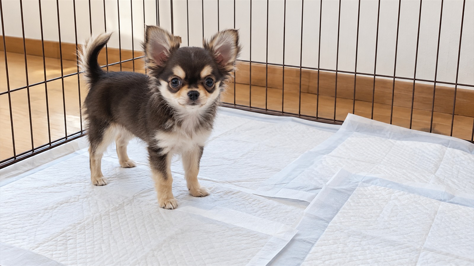 サークルの中で、ずれて重なったペットシーツのそばに立っているチワワの子犬の写真