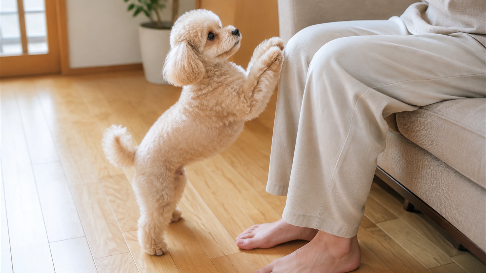 ソファに座る人の足元に前足をかけて、見上げている小型犬の写真