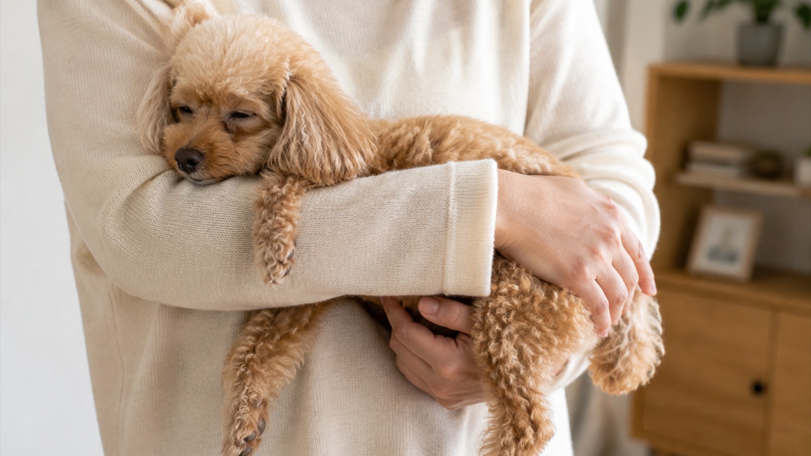 抱き上げられて、飼い主の腕の中で落ち着いている小型犬の写真