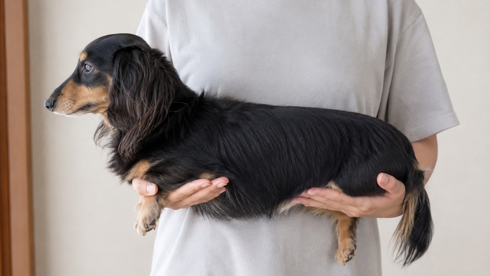 片手を胸の下に、もう片方の手でお尻を支えて犬を抱いている人の写真