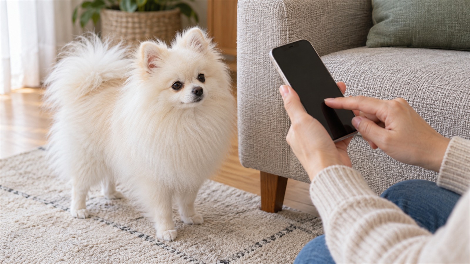 リビングのソファの脚のそばに立っている白いポメラニアンと、その様子をスマートフォンのメモに書き留めている人の手元の写真