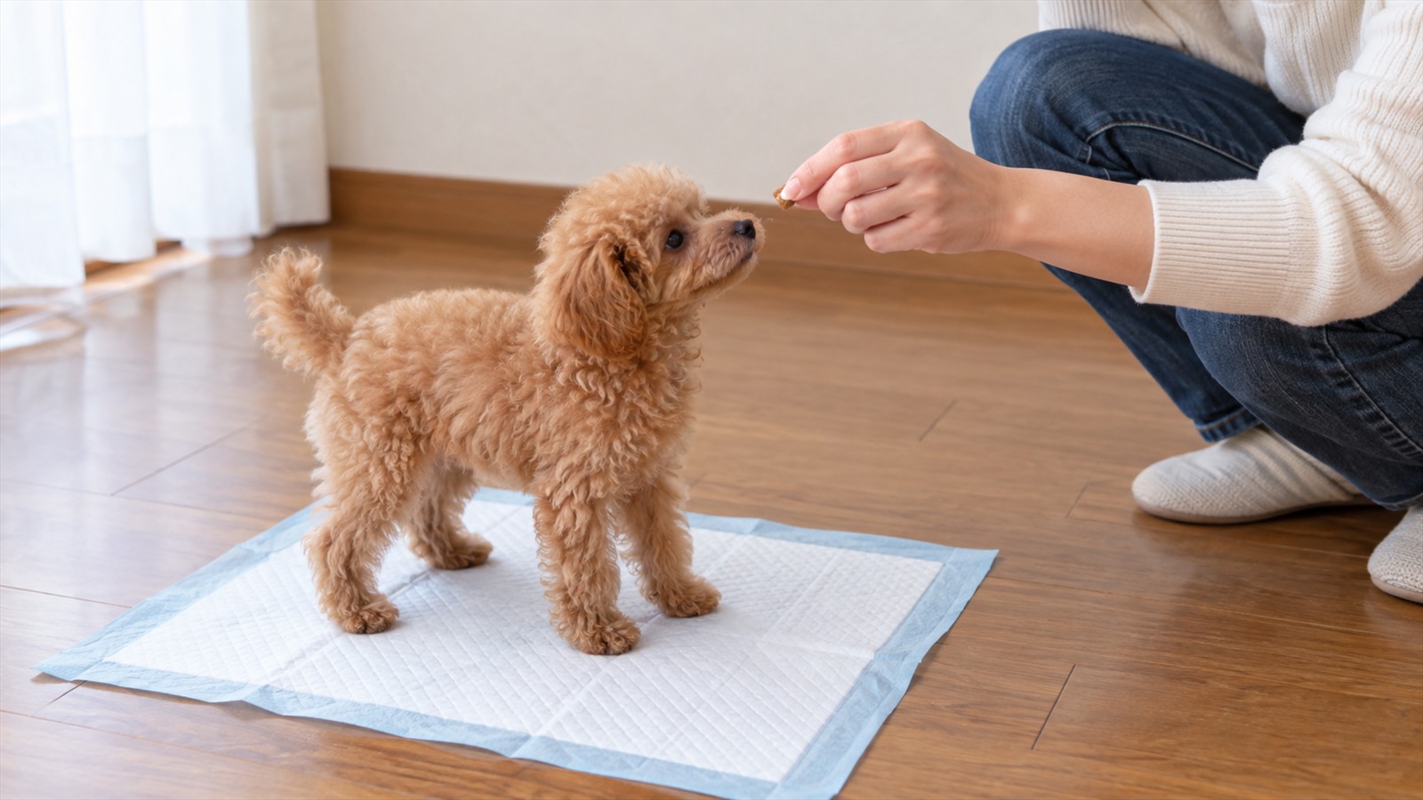 トイレシートの上に立っているアプリコットのトイプードルの子犬に、しゃがんだ人がおやつを差し出している写真
