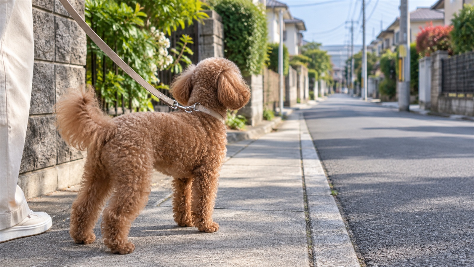 住宅街の歩道で、リードを付けたトイプードルが道の先のほうを目で追っている写真。人の顔は写っていない