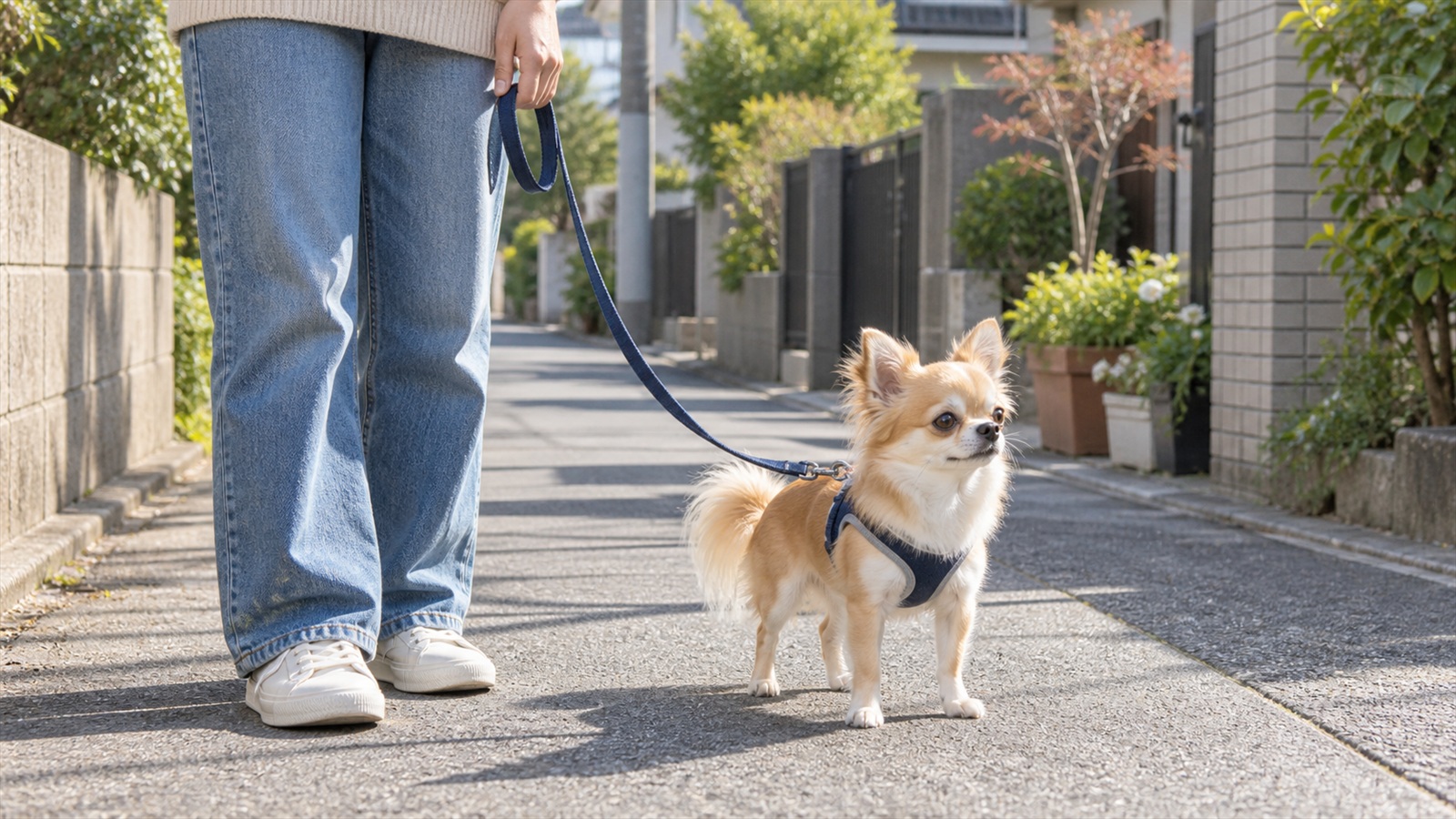住宅街の歩道で、ハーネスにリードを付けたチワワの横に人が立ち、リードをたるませたまま持っている写真。人の顔は写っていない