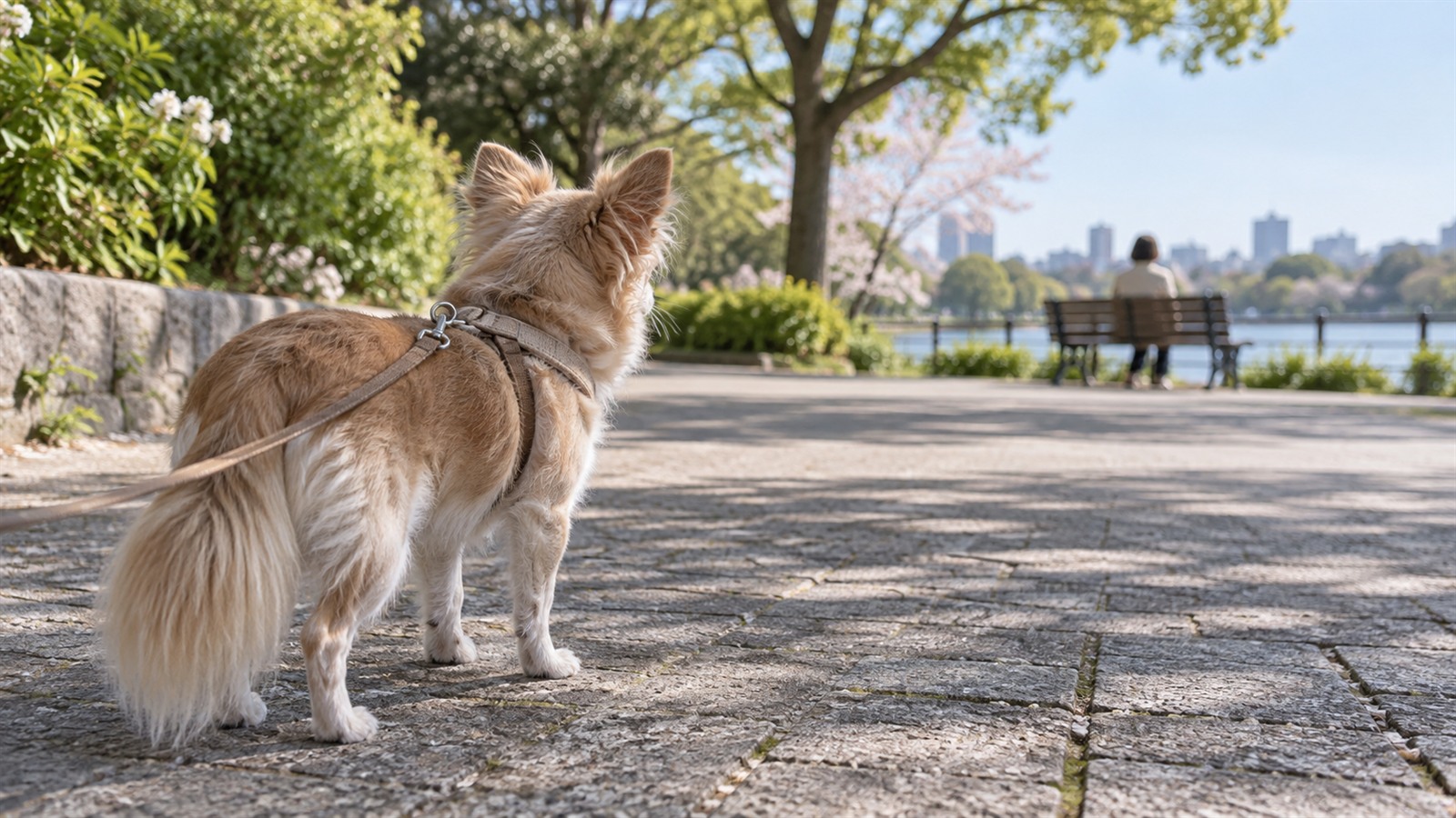 公園の遊歩道で、リードをつけたシニアのチワワが、遠くのベンチに座っている人のほうを落ち着いて眺めている写真