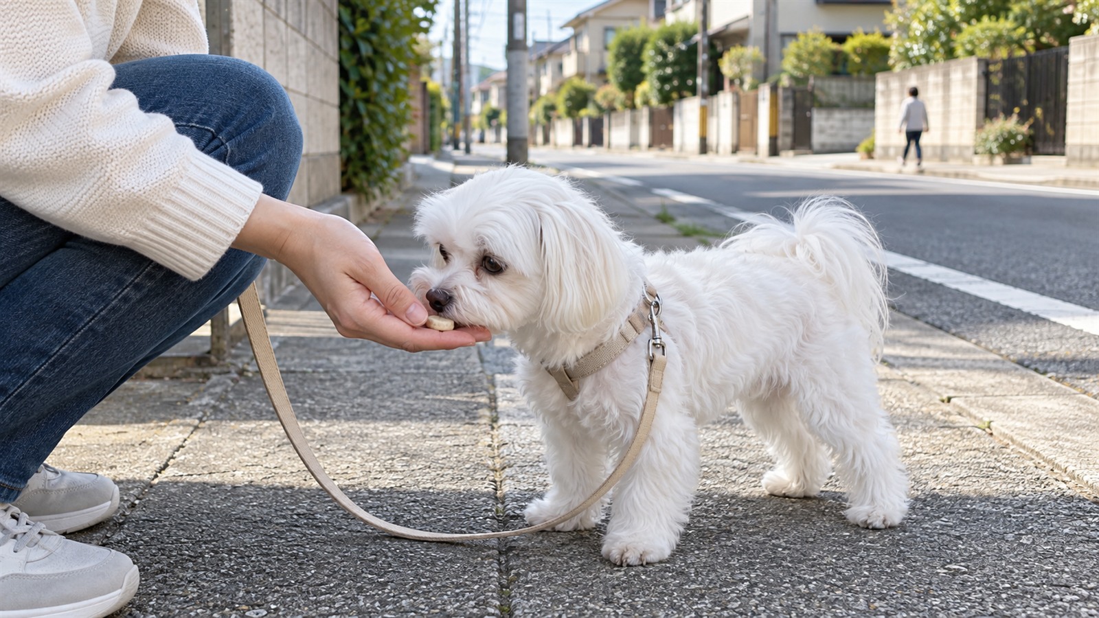 住宅街の歩道で、道の向こう側に歩いている人が小さく見える距離で、リードをつけた白いマルチーズにしゃがんだ人が手のひらから小さなおやつを渡している写真