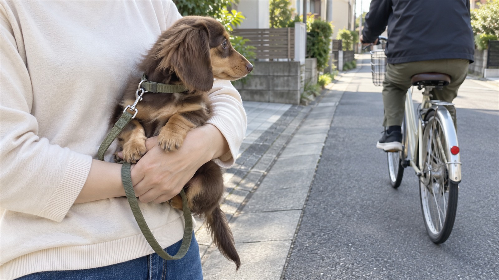 住宅街の歩道で、人の腕に抱っこされたミニチュアダックスフンドの子犬が、通り過ぎる自転車のほうを見ている写真