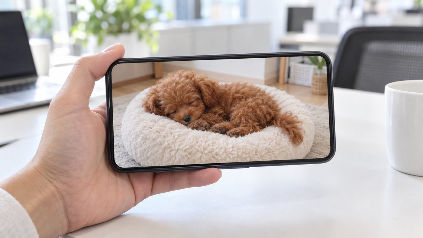 会社の机の上で、手に持ったスマホの画面に、ふかふかのベッドで眠る赤茶色の巻き毛の子犬が映っている様子(イメージ)
