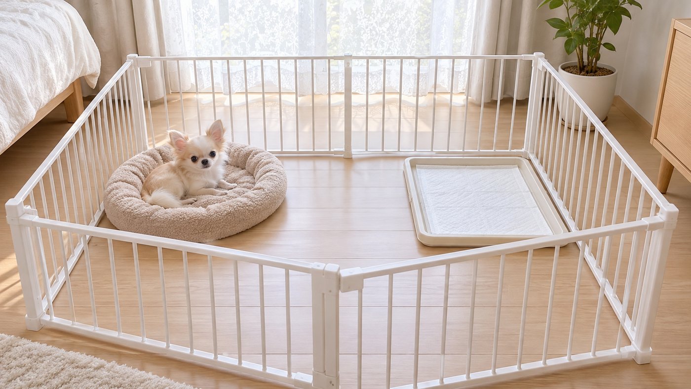 ベッドのある明るい部屋に置いたサークルの中で、寝床とトイレが離れて置かれ、クリーム色のロングコートのチワワの子犬が寝床にいる部屋の様子(イメージ)