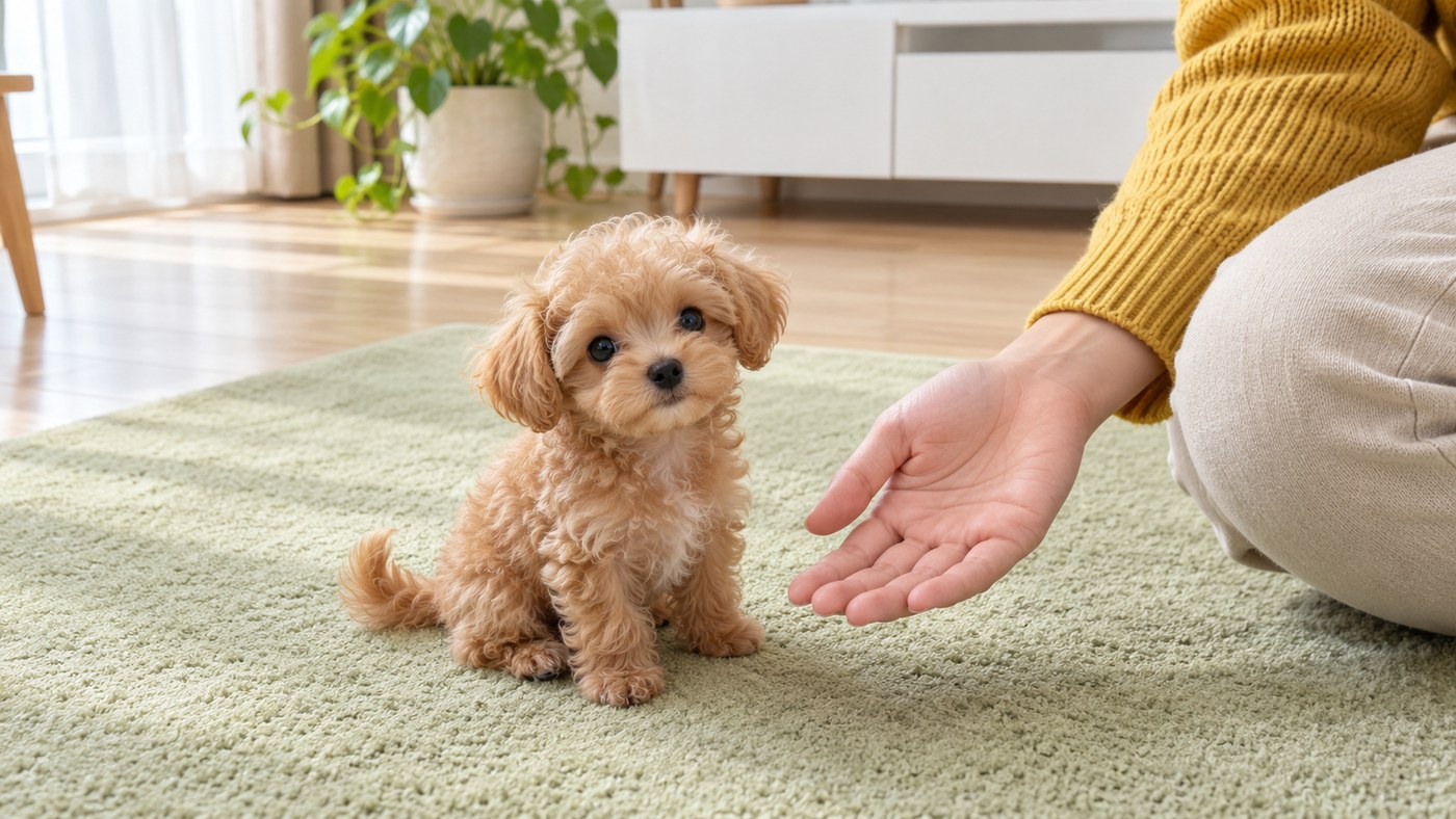 明るいリビングのラグの上に座る、アプリコット色の巻き毛の小さな子犬と、手のひらを差し出す人の手のイメージ写真