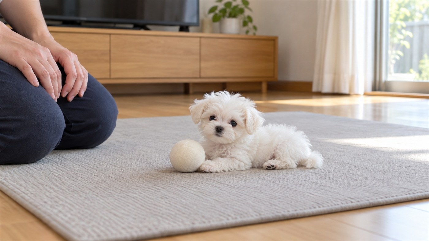 明るいリビングの灰色のマットの上でボールのそばに伏せている白い小さな子犬と、そばでひざに手を置く人