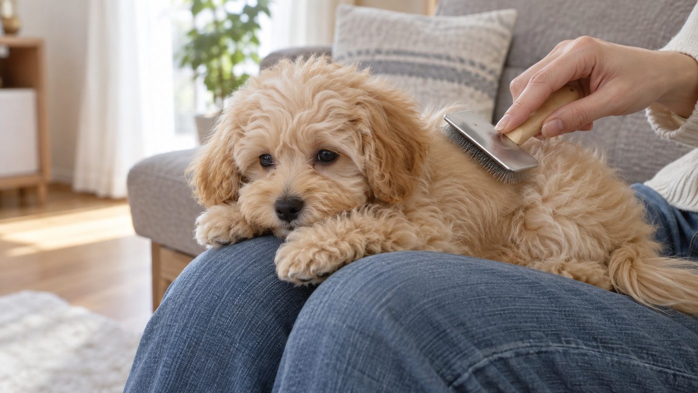 リビングのソファで、人の膝の上にのったふわふわの小型犬の子犬が、ブラシで背中の毛をとかしてもらっている写真。人の顔は写っていない