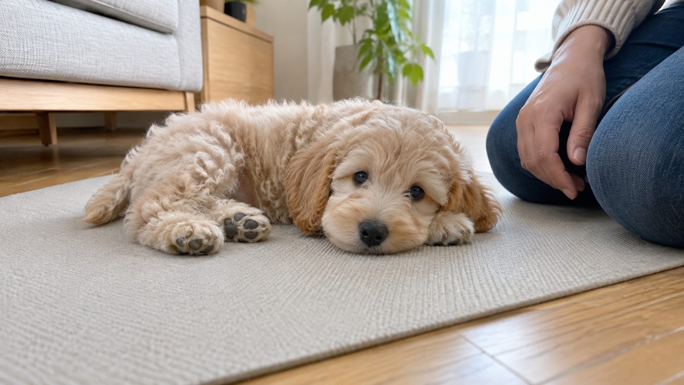滑り止めのマットを敷いた明るいリビングで、ふわふわの小型犬の子犬が床に伏せてくつろぎ、そばで人がしゃがんで見守っている写真。人は手と膝だけが写っている